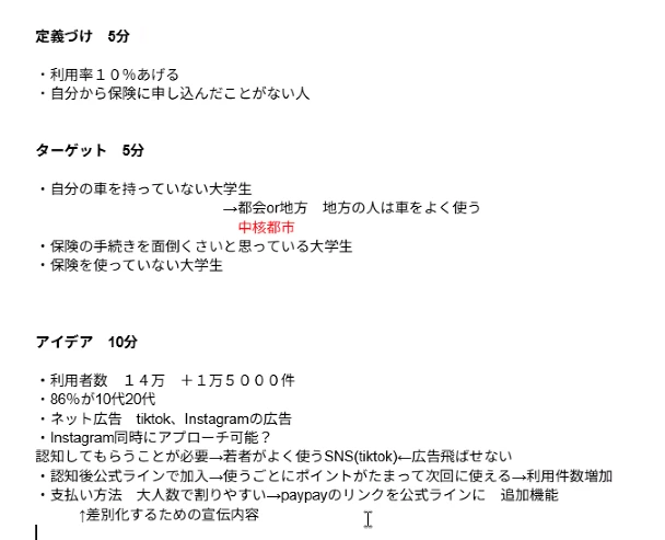 グループワーク中に作成したメモ。定義づけ5分、ターゲット5分、アイデア10分という区切りで、利用率10%アップ、自分の車を持っていない大学生、中核都市、利用者数14万件、86%が10代20代、TikTokとInstagramの広告、公式LINEでの加入、ポイント、PayPayリンクといった項目が並んでいる